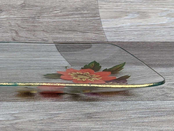 Beautiful vintage glass serving tray / sandwich plate with flower decal and gold rim detail