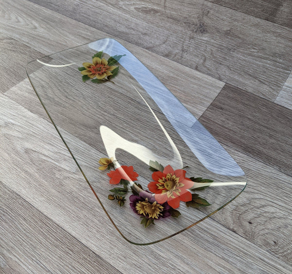 Beautiful vintage glass serving tray / sandwich plate with flower decal and gold rim detail