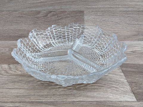 Beautiful vintage petal edge pressed glass serving dish / hors d'oeuvre dish with compartments