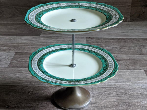 Vintage (1940's) Two Tier China Cake Stand Green with Gold Gilding Detail